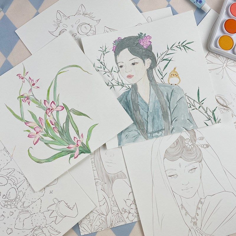 水彩填色线稿纸 古风人物美食花卉水彩涂色本 棉浆纸水彩临摹画册,文具电教/文化用品/商务用品,水彩纸/本/水彩水粉颜料本,淘宝优惠券,粉丝福利购,淘宝优惠卷