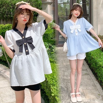 孕妇t恤夏装时尚韩版长袖t宽松遮肚衬衫上衣短款娃娃衫春秋两件套