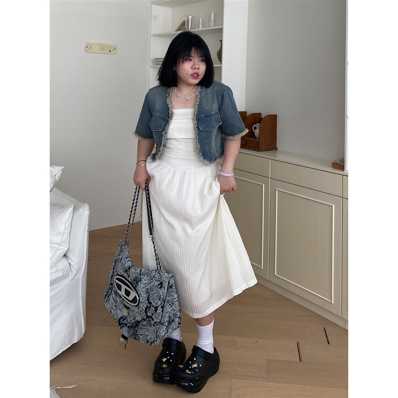 小胖噔 牛d仔外套抹胸连衣裙夏季胖mm微胖宽松大码收腰显瘦两件套