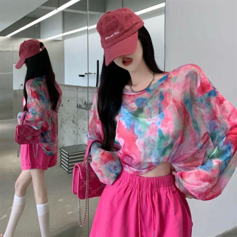 300斤大码胖MM韩版宽松扎染网纱长袖T恤女夏季薄款半透防晒上衣潮