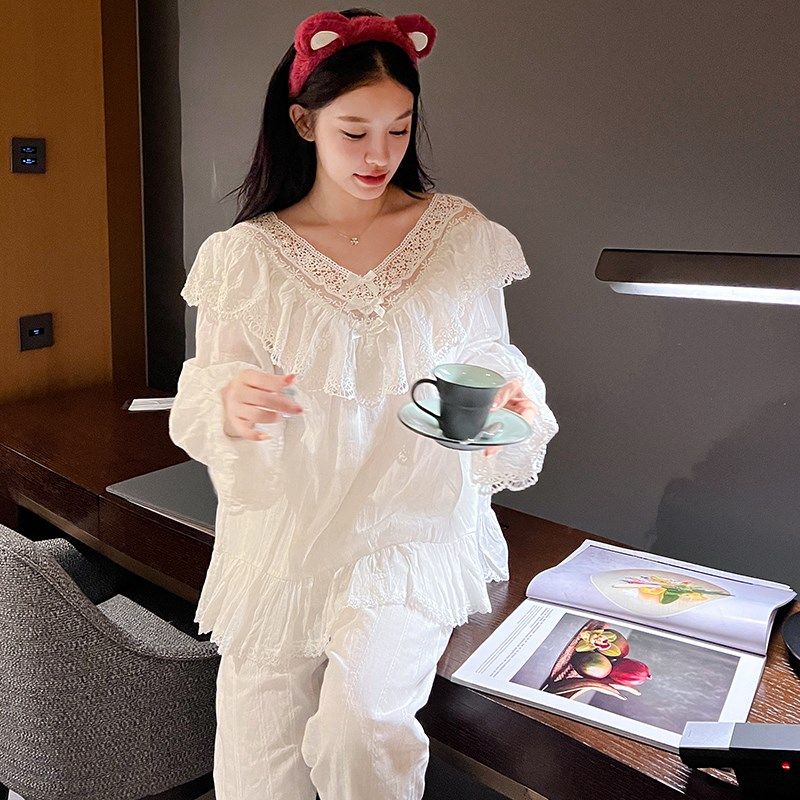 睡衣女春夏纯棉纱布薄款长袖空调房精致蕾丝花边公主宫廷女家居服