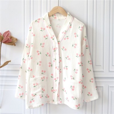 单件上衣棉纱布睡衣女春秋夏季纯棉V领长袖O家居服甜美薄款单上装