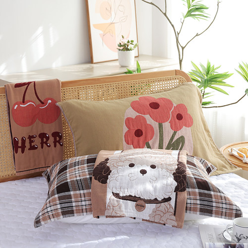 水洗棉纯棉纱布枕巾一对装成人家用卡通枕头盖巾透气吸汗全棉枕头