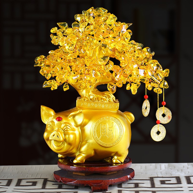 黄水晶招财摇钱树电视柜客厅酒柜金猪摆件家居装饰办公室桌面摆件