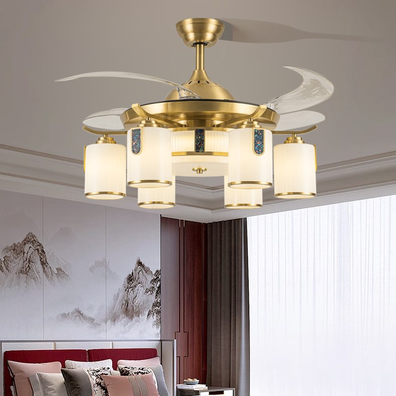 新中式全铜风扇灯客厅餐厅吊扇灯家用别墅带灯风扇吊灯2024新款