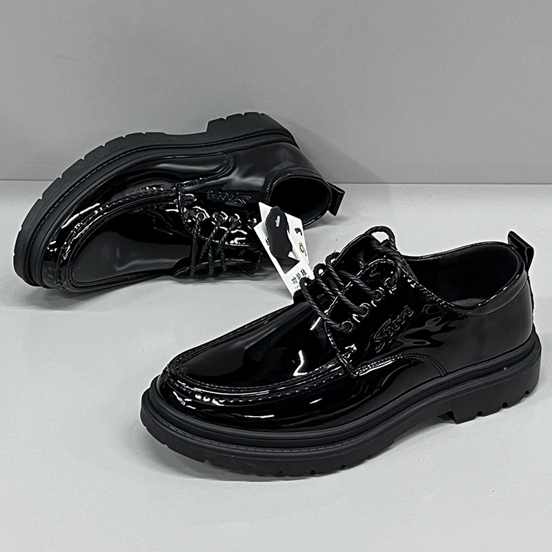 亮面厚底休闲皮鞋男商务百搭男鞋漆皮豆豆鞋男粗跟出差春秋休闲鞋