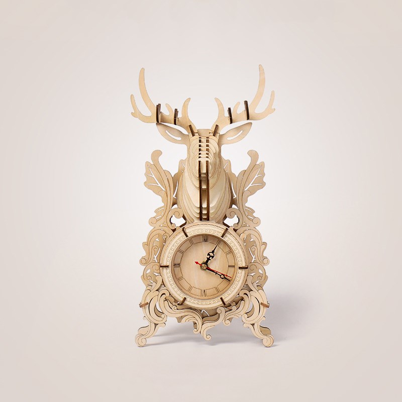 木制麋鹿台钟拼图摆件儿童益智拼装模型玩具立体手工积木时钟拼板