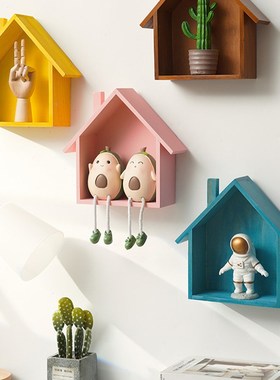 北欧风彩色木质小木屋房子家居墙面装饰品壁挂置物架拍照道具摆件