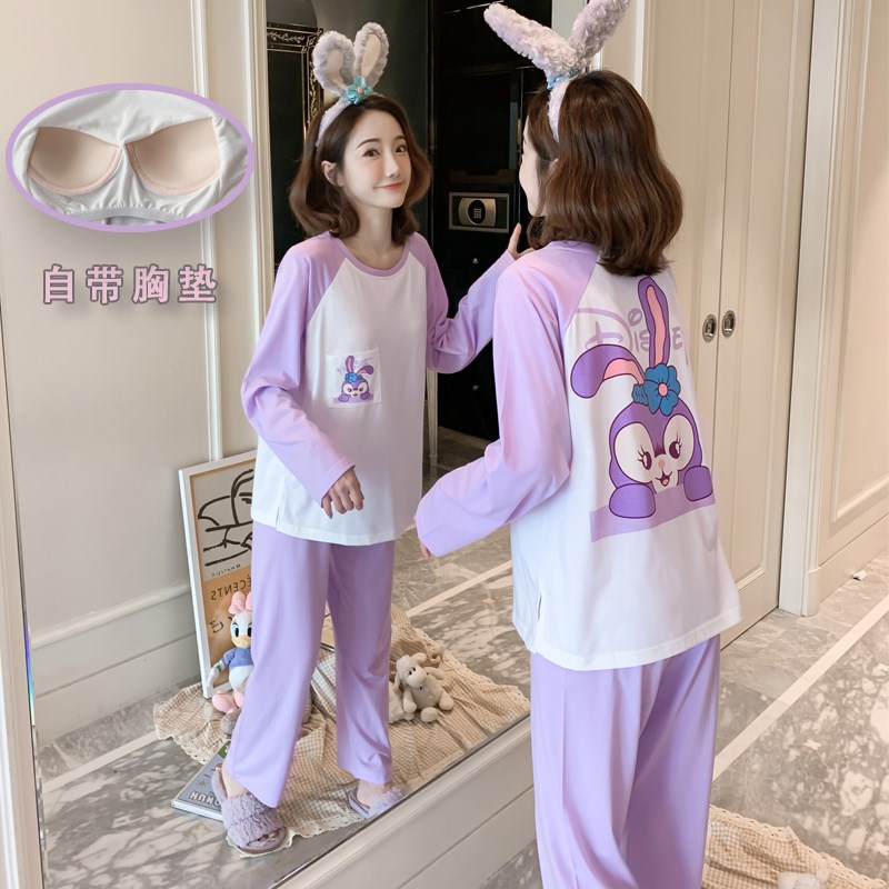 睡衣女秋冬季自带胸垫一体式免文胸棉质卡通口袋长袖长裤家居套装