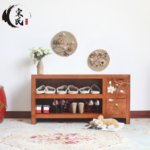 新中式鞋凳带抽屉彩绘实木床尾收纳储物凳 进门口可坐家用换鞋凳