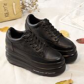 女系z带潮单鞋 韩版 全真皮超厚底松糕休闲鞋 7cm浅口内增高低帮旅游