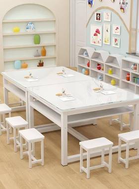 小学生幼儿园玻璃绘画桌美术桌辅导补习培训班课桌椅书法画室桌子