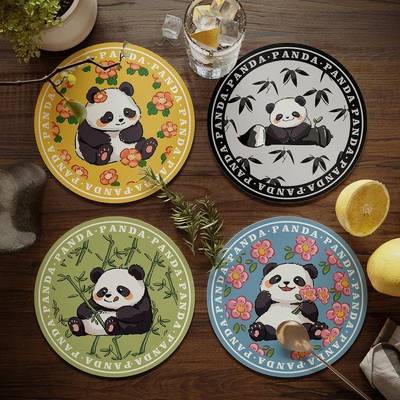 大熊猫花花餐桌隔热垫圆形小餐垫免洗防水防油碗垫盘垫水杯垫子