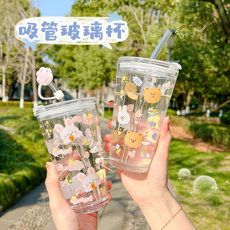 可爱带吸管玻璃杯水杯ins风透明高颜值带盖子夏季家用喝水奶茶杯