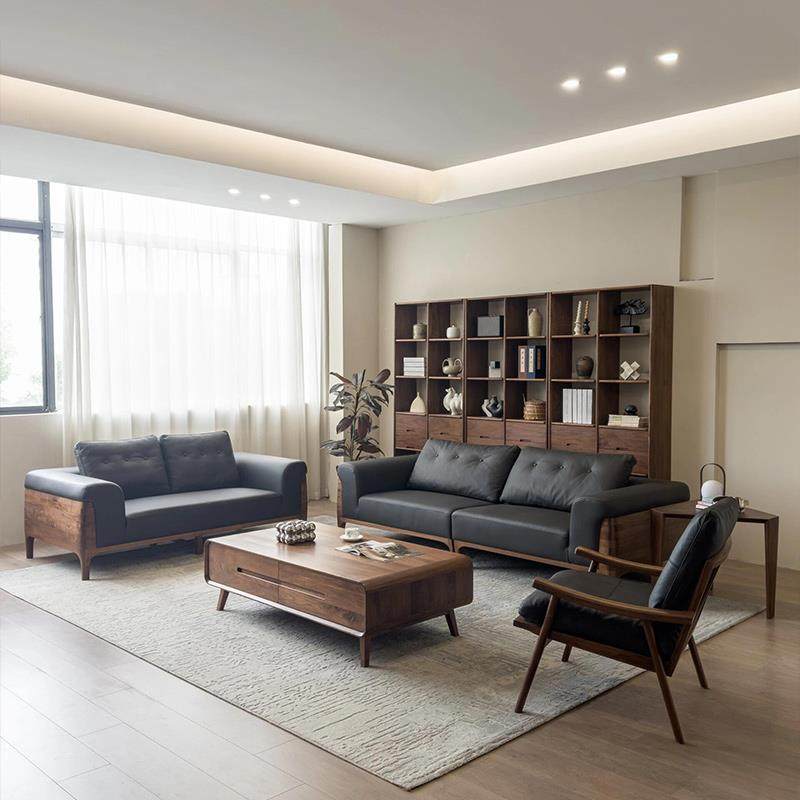 新中式实木沙发2025新款高端北美黑胡桃木真皮沙发组合客厅会客厅