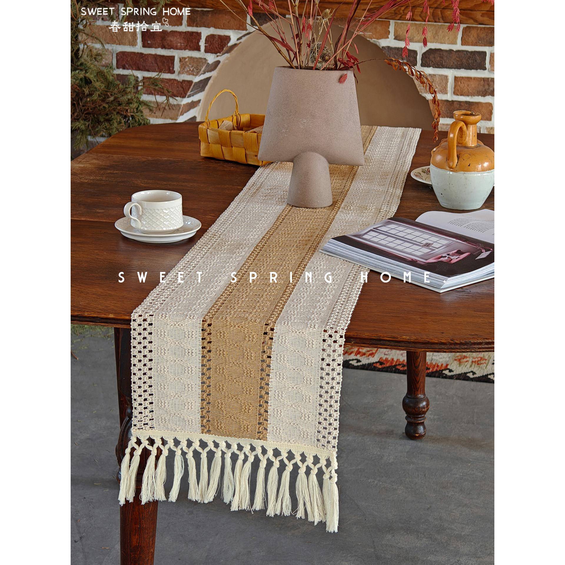棉麻编织镂空桌旗电视柜茶席茶几布长条桌布田园风方桌盖巾装饰布