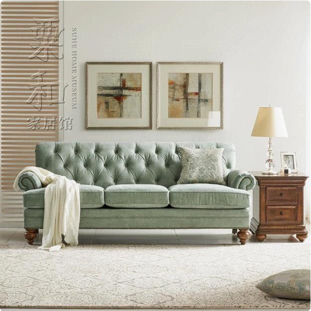 美式art马赛晨光三人布艺沙发 欧式新古典清新蓝绿色绒布客厅家具