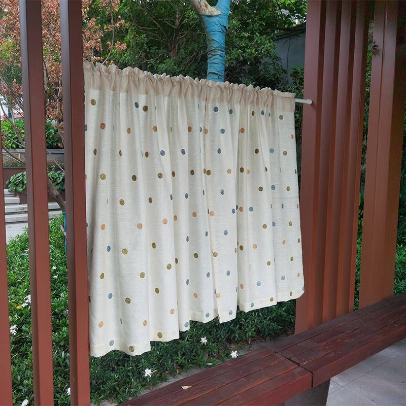 遮光厨房小窗帘半帘短帘隔断不透人门帘魔术贴遮挡帘日式亚麻圆点