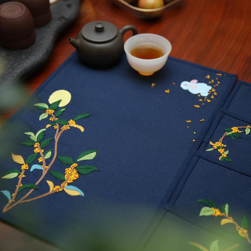 刺绣手工DIY材料包茶席四件套鲁绣兔子桃花针线 线包客厅茶垫杯垫