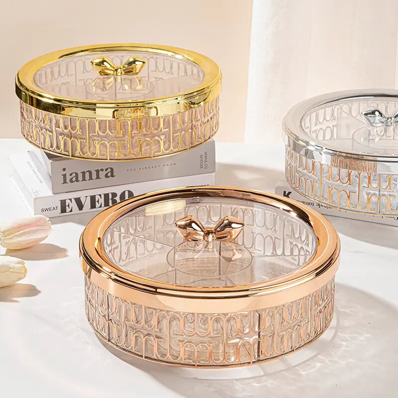 高档可旋转坚果收纳盒客厅零食摆盘密封防潮干果盒透明创意水果盘