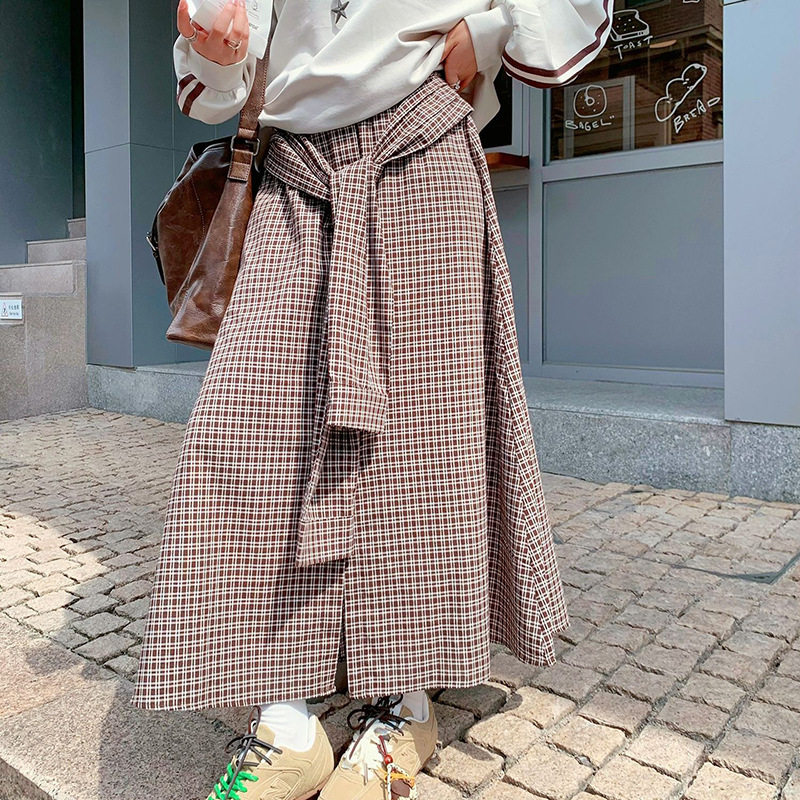 RAINBOW 设计感格纹小众绑带格子裙夏季休闲百搭A字半身裙女