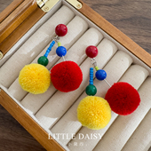 「小黛西」民族风撞色毛球流苏耳环波西米亚可爱童趣彩色长款 耳饰