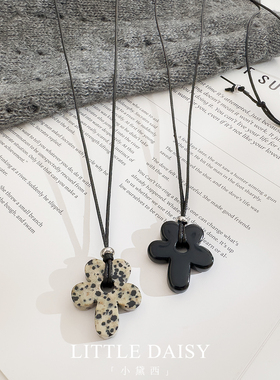 「小黛西」钛钢天然石花朵吊坠项链黑玛瑙抽拉调节黑绳长款毛衣链