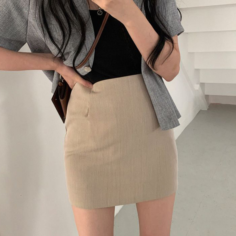 灰色西装包裙短款半身裙女夏薄款高腰a字紧身包臀一步裙ol职业黑