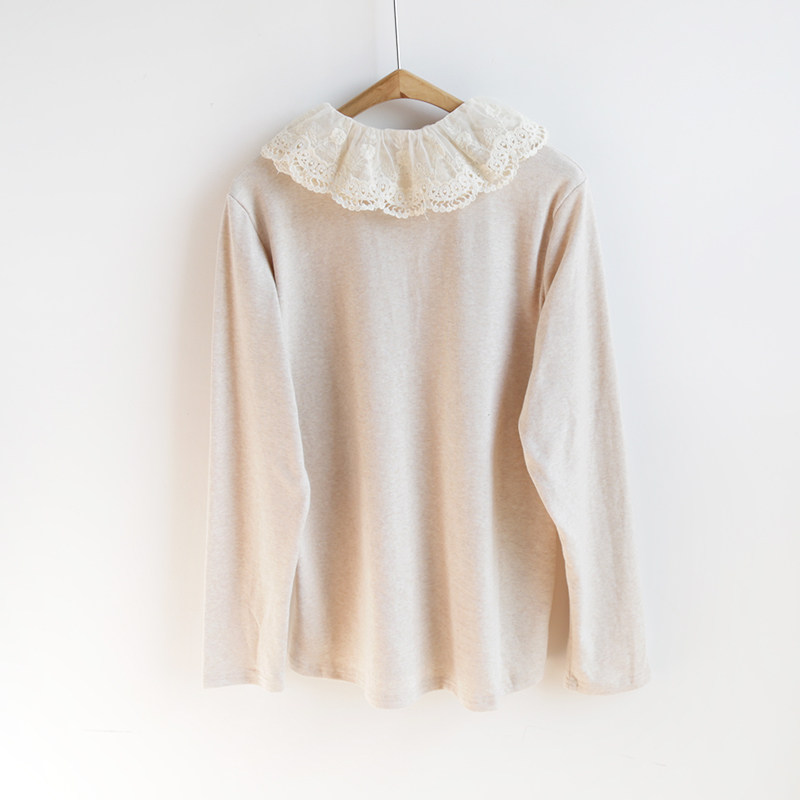 新款 森女系双层花边领半扣套头柔软全棉弹力长袖T恤打底衫女3960