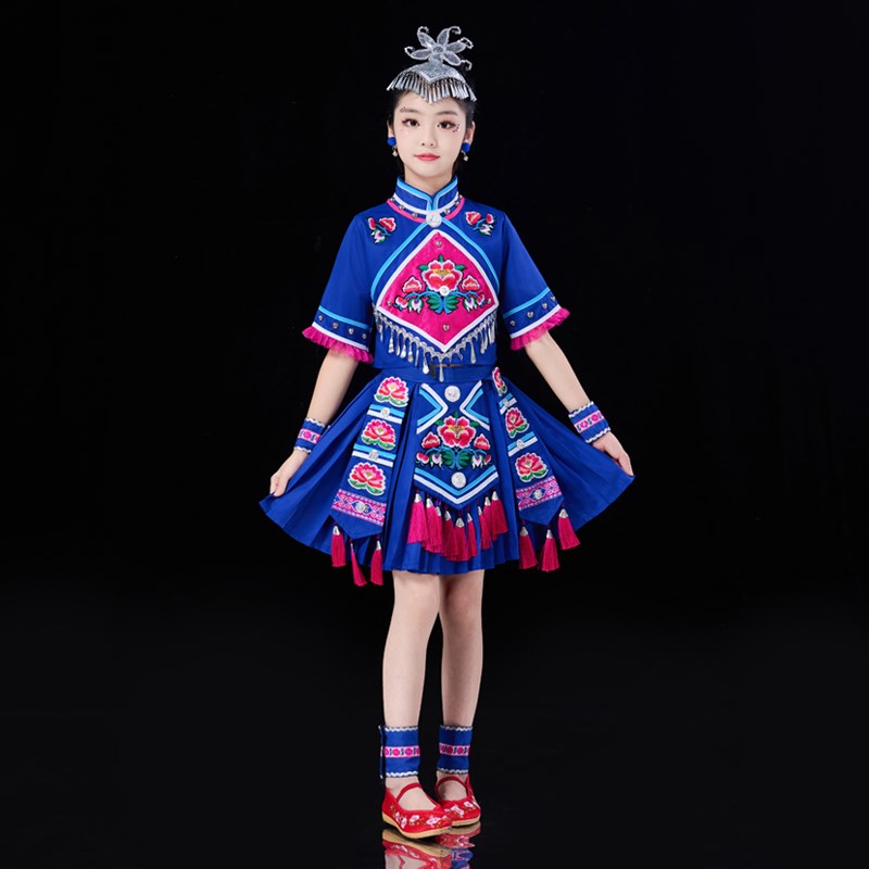 儿童壮族服装演出服女童少数民族苗族土家族舞蹈服瑶族表演三月三