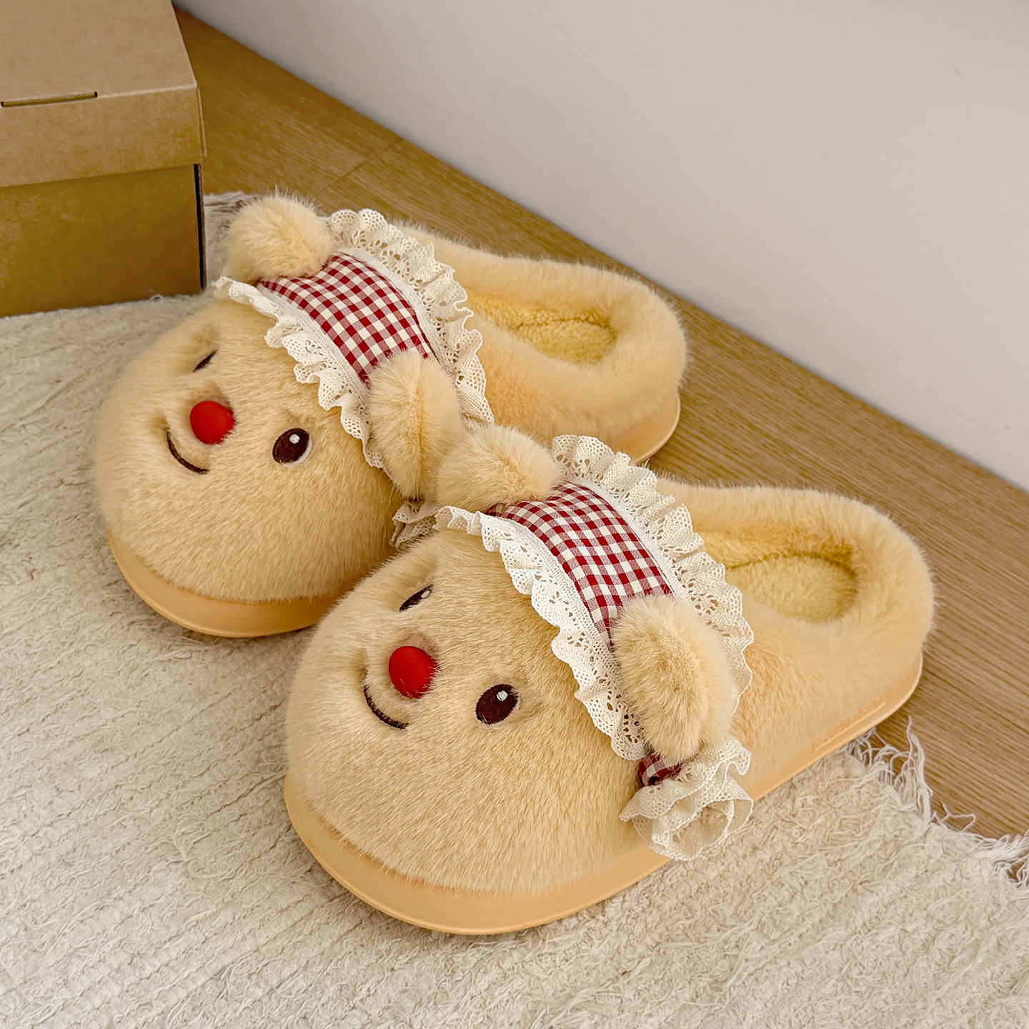 蕉往黄油小熊棉拖鞋女秋冬季2025新款毛毛绒保暖室内家居外穿棉拖