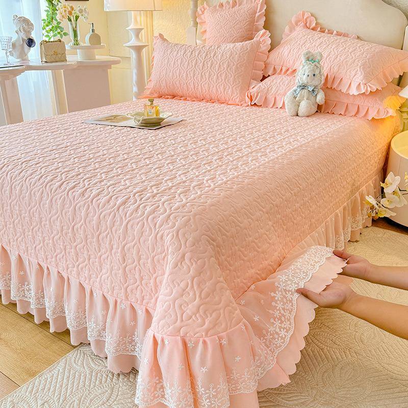 小清新双层蕾丝花边床盖单件韩式风简约榻榻米纯色加厚床单三件套