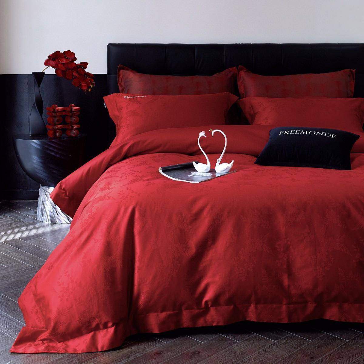 现代风结婚床上用品高端提花纹大红色婚庆陪嫁纯棉长绒棉四件套