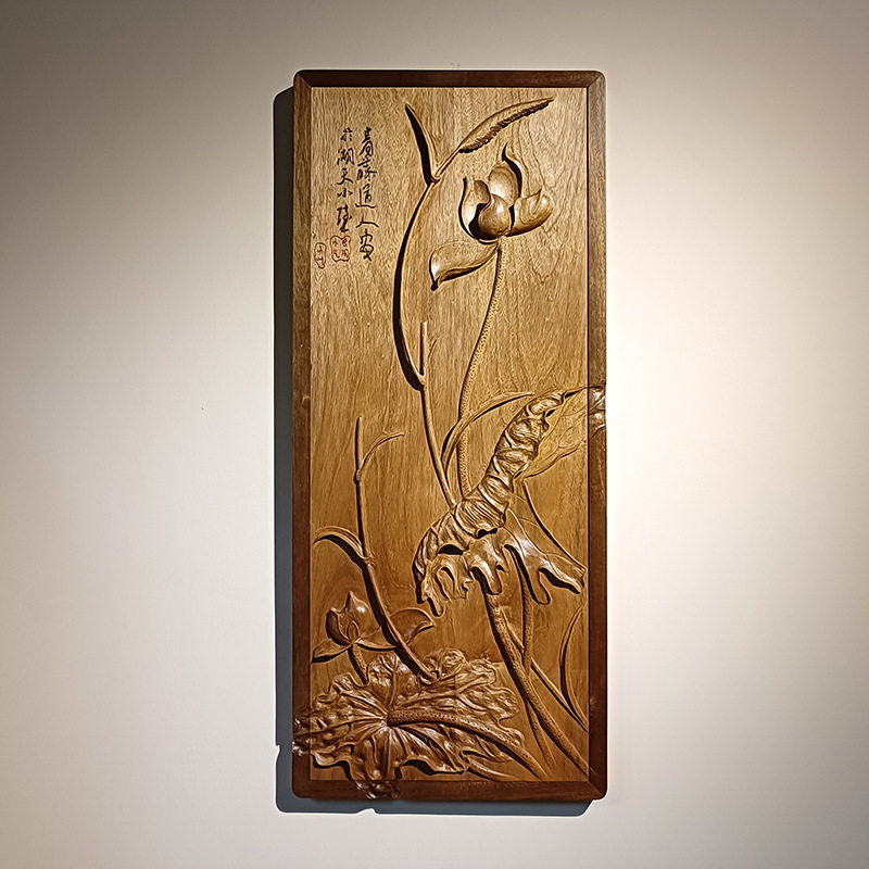 荷花图非遗木雕挂件复古挂画茶室装饰挂件小叶桢楠整板木雕刻画
