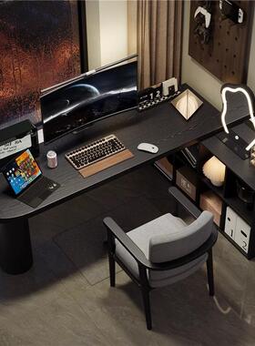黑色转角书桌带柜子实木电脑桌家用l型拐角办公桌卧室梳妆台一体