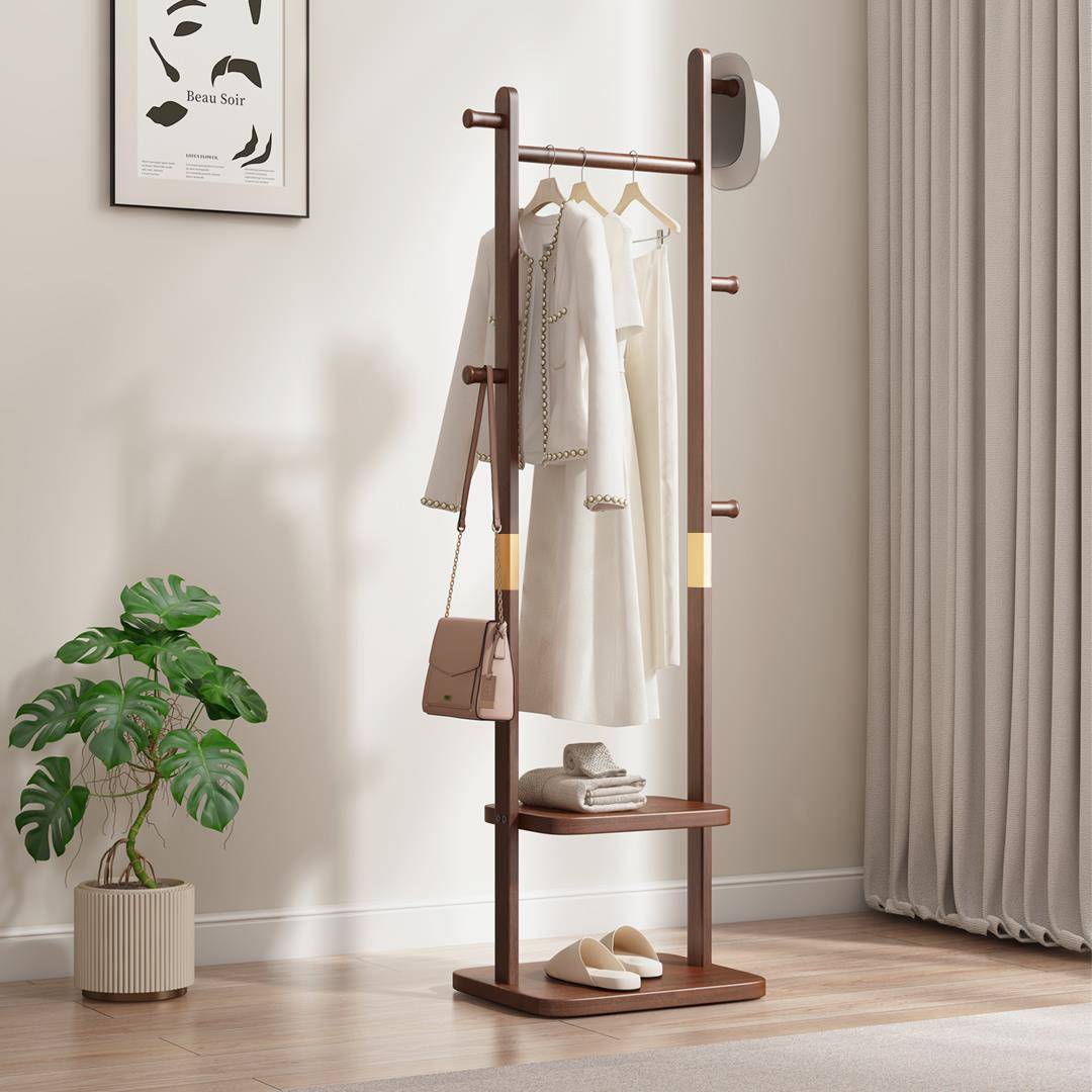 庭许新款落地挂衣架卧室实木衣帽架小型办公室家用室内挂衣服架子