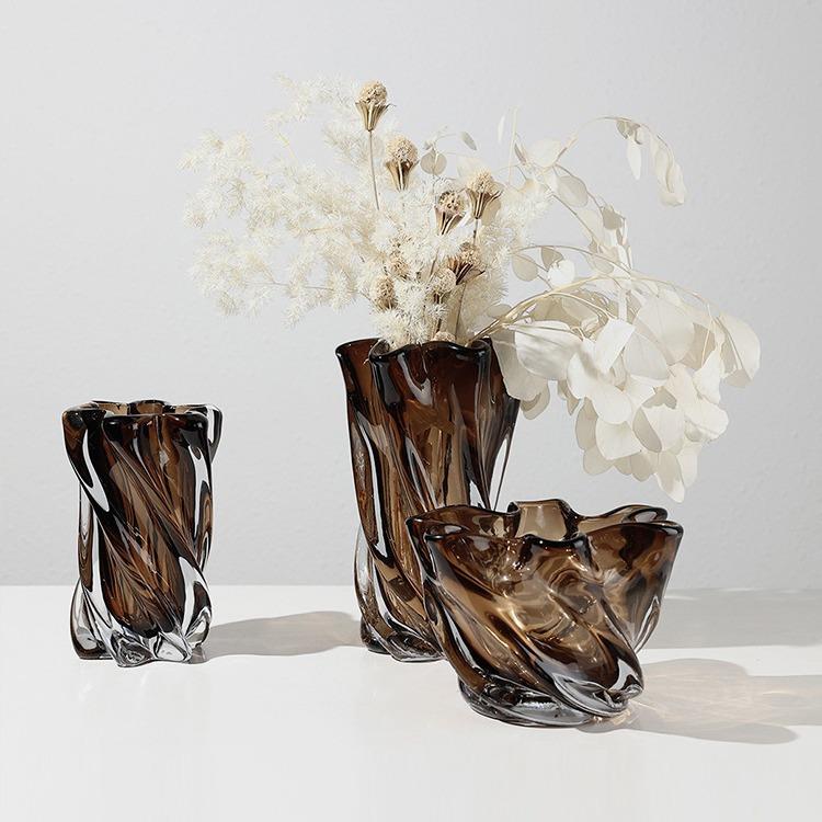 现代高端茶色玻璃花瓶插花客厅餐桌吧台氛围感软装饰桌面摆件家居