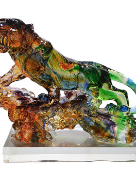 琉璃老虎摆件总裁办公室桌面摆设玻璃水晶制品客厅进门玄关装饰品