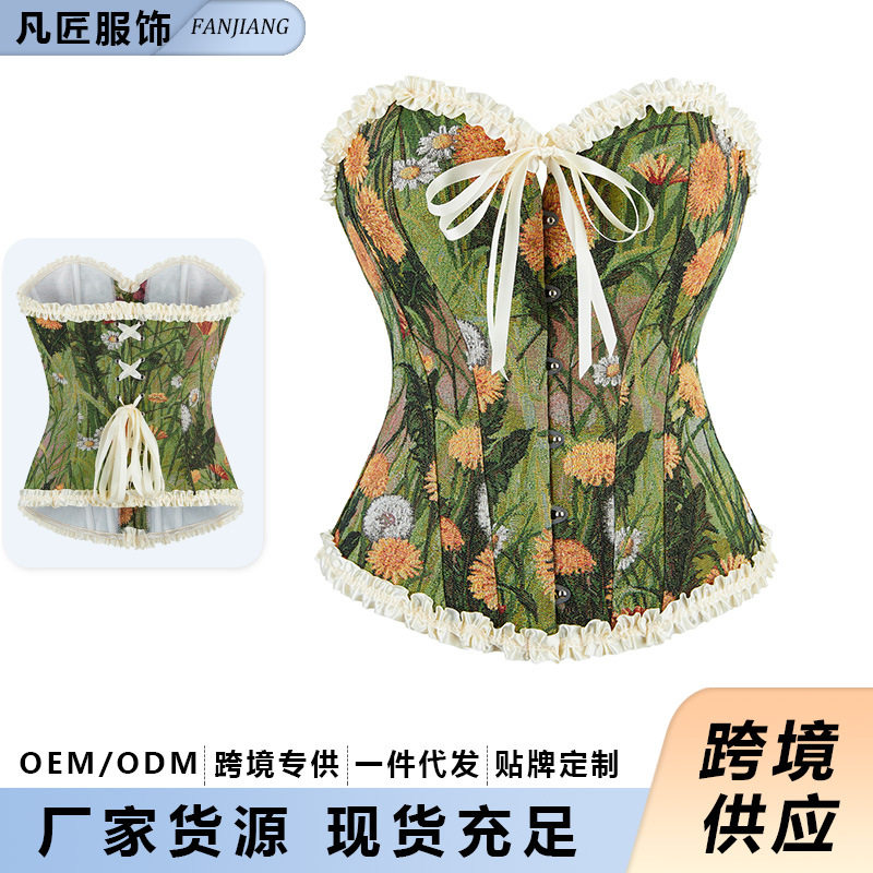 女士新款紧身胸衣抹胸鱼骨束腰花边油画风提花宫廷束腰塑身衣外穿