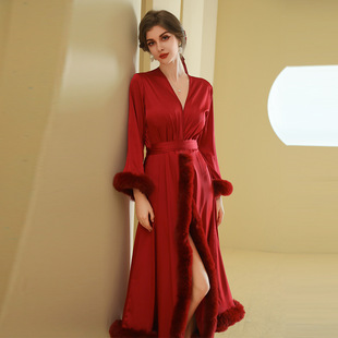 bride伴娘晨袍女士羽毛睡袍婚礼化妆伴娘团结婚和服缎面长款 浴袍