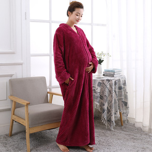 情侣秋冬拉链提花法兰绒睡袍女长款加厚保暖珊瑚绒浴袍男大码睡衣