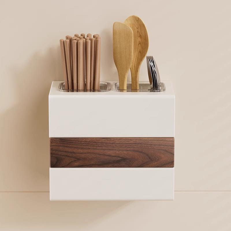 筷子家用收纳架筷子筒沥水壁挂式厨房置物架实木收纳多功能沥水盘