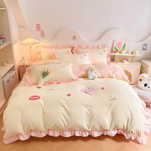 水洗棉毛巾绣四季款四件套韩式公主刺绣小清新少女裸睡床上用品