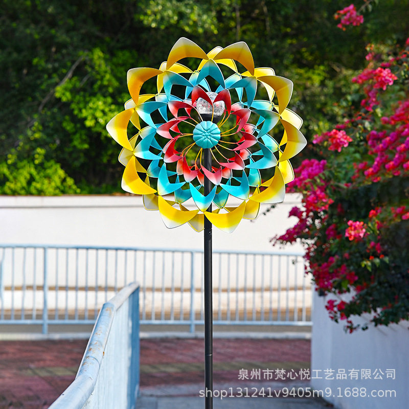 厂家直销太阳能黄蓝色花园花插园林庭院铁艺金属工艺品风车地插