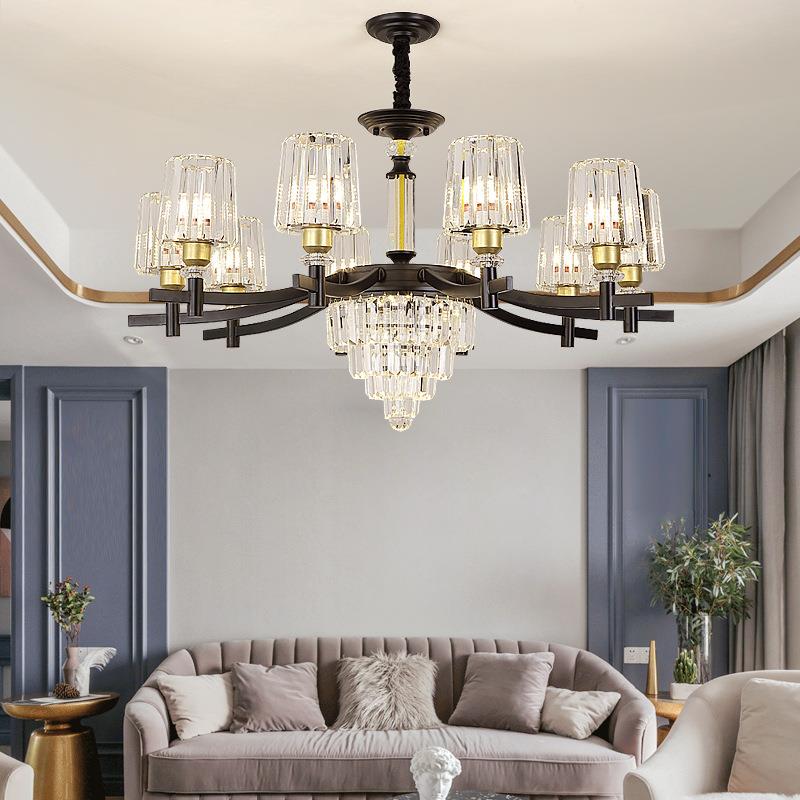 现代轻奢水晶金色灯具客厅灯简约大气高档奢华别墅复式楼黑色吊灯