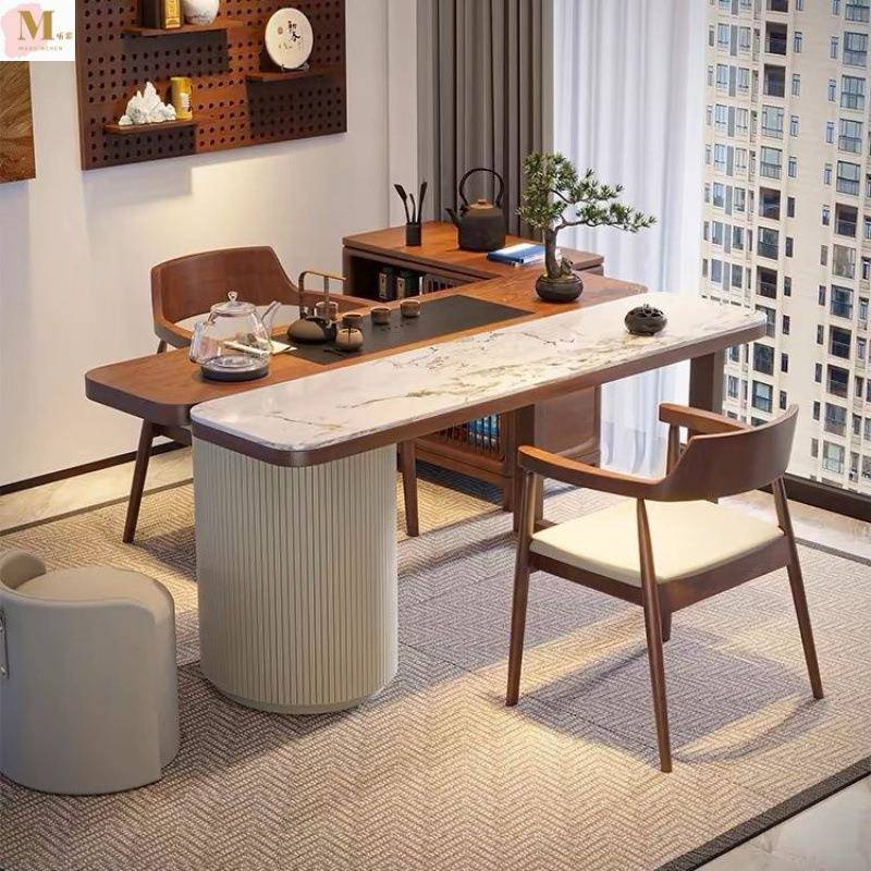 中式风奶油实木现代简约家用阳台桌椅组合小户型岩板茶台泡茶轻奢