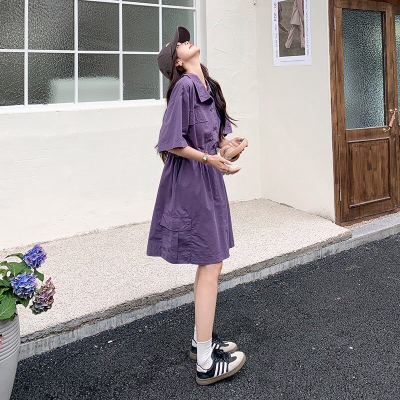 紫色甜酷工装衬衫式连衣裙女夏季2025新款小个子收腰遮肉显瘦裙子