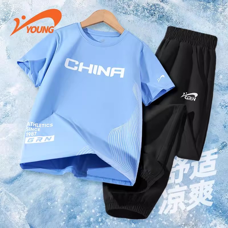 贵人鸟儿童运动套装男童夏薄款2025新款夏季女大童短袖速干运动服