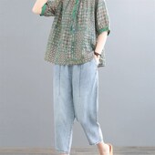 妈妈夏装 大码 套装 中老年女装 2025夏季 新款 短袖 印花上衣棉麻两件套