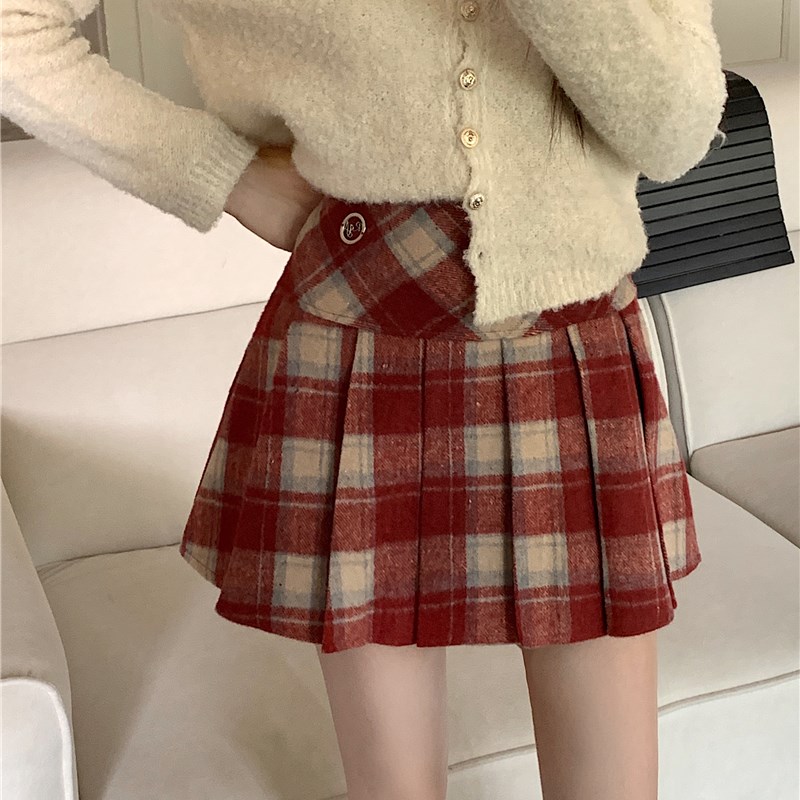 大码美式复古格纹撞色半身裙毛呢格子百褶裙秋冬加厚显瘦a字短裙